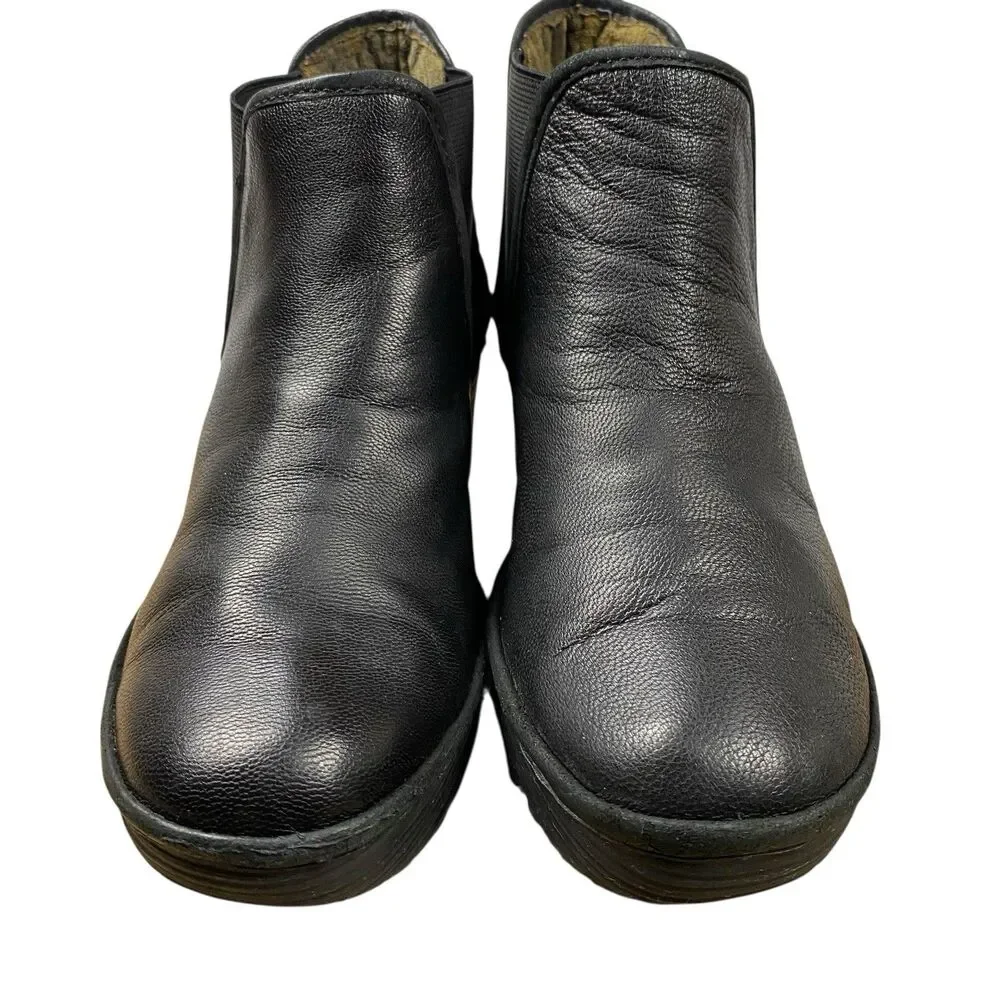 Fly London YAT Black Leather Chelsea Wedge Ankle Boots EU 39 US 8